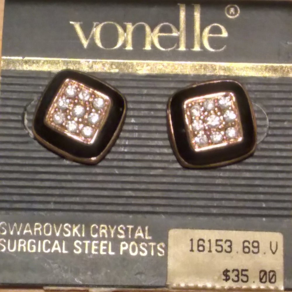Vintage 1980s Vonelle Swarovski Squares Black & Crystals Earrings New on Card